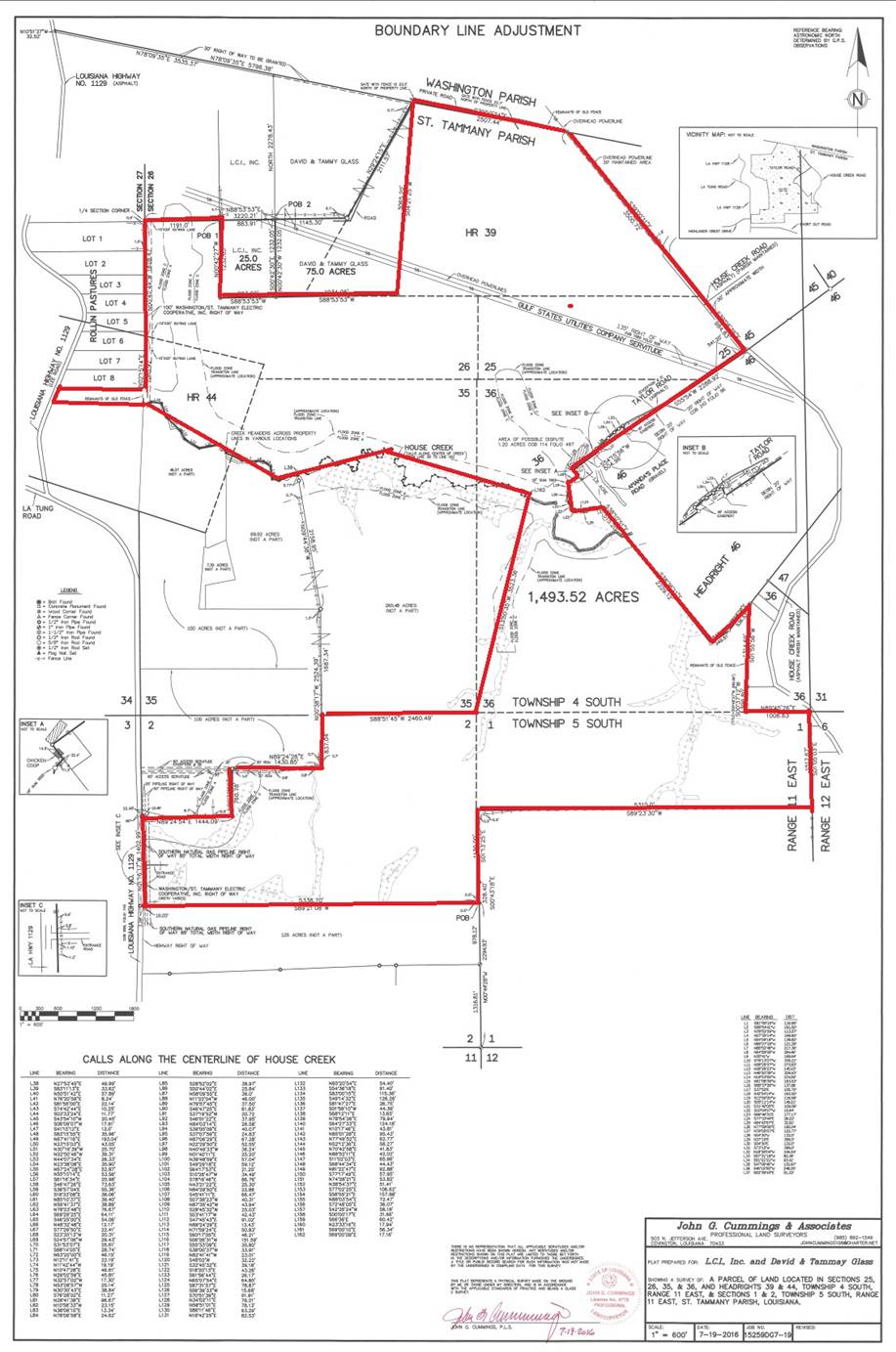 Official boundary survey map showing 1,493.52 acres